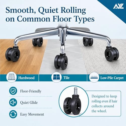 AXL Hubless Office Chair Wheels, 2.8 Inch Rubber Caster Replacement, Modern Silent Rolling Desk Chair Casters for Hardwood Floors & Carpet, Smooth Glide Universal Fit 11x 22mm, Set of 5 (Black)