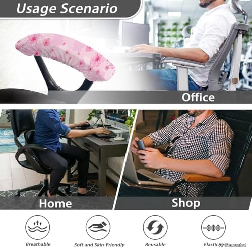 Office Chair Arm Covers Set of 2 - Cherry Blossom Printed Armrest Covers With Elastic Band, Stretchy Washable for Computer Chairs