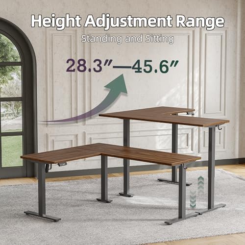 TIQLAB L Shaped Standing Desk Adjustable Height, Electric Corner Standing Desk, 63 x 55 inch Sit Stand Computer Table with Splice Board, Black Walnut
