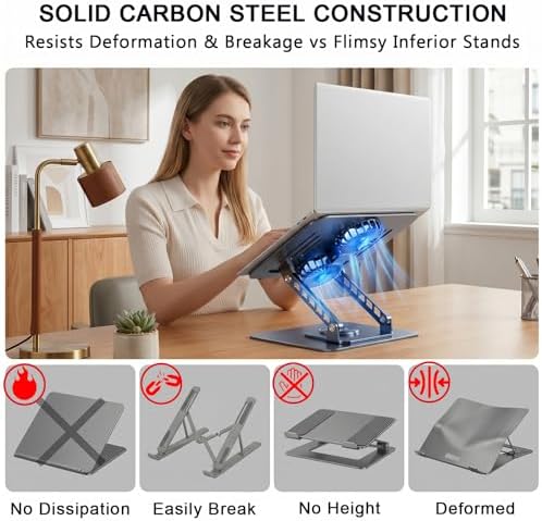 Laptop Stand with Cooling Fan, 360° Rotating Base Aluminum Laptop Riser, Foldable Ergonomic Computer Stand for Desk, Height Adjustable Notebook & All Laptops Up to 17.3" (Black)