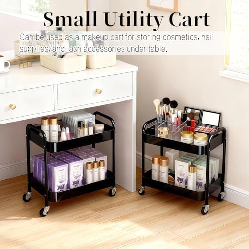 2 Pack Pantry Cart 2 Tier Small Rolling Cart with Wheels for Under Desk Storage, Short Rolling Utility Cart Large Basket Metal Kitchen Shelf with Mesh Laundry Room Organizer Side Table, Black