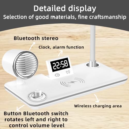 IHAO Smart LED Desk Lamp with Wireless Charger & Bluetooth Speaker, 15W Fast Charging Station for Phone & Earbuds Touch Control 3 Light Modes Alarm Clock Adjustable Eye-CareTable Lamp-HYT1772 White