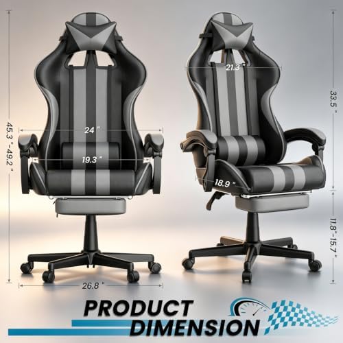 Ferghana Grey Gaming Chair, Ergonomic Racing Style Computer Chair with Footrest, Adjustable Reclining, Lumbar and Head Support, PU Leather Gamer Chair