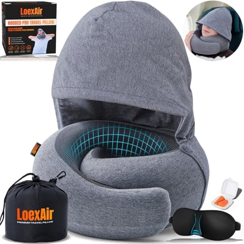 LOEXAIR™ Hooded Pro Travel Pillow - Memory Foam Neck Support Pillow for Airplane, Flight - Super-Soft Pure Cotton Fabric, Maximum Privacy & Light-Block Design, Lightweight Full Travel Kit - Light Grey