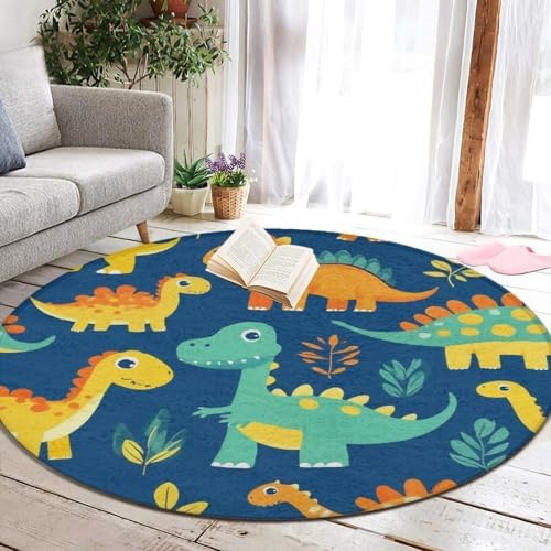 Large Home Decor Mat, Soft Round Yoga Carpet, Non Slip Machine Washable Home Office Circle Rug Cute Dinosaur