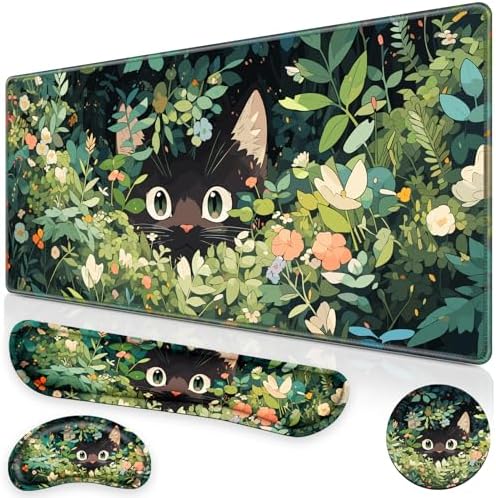 Canjoy Desk Mat with Wrist Rest, Anime Black Cats Keyboard and Mouse Pad