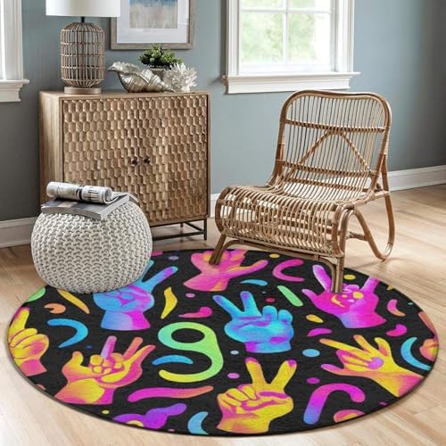 Large Home Decor Mat, Soft Round Yoga Carpet, Non Slip Machine Washable Kitchen Office Circle Rug Trippy Neon Hands