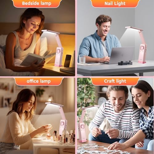 VAVOFO Cute Bunny Desk Lamp, Foldable LED Rechargeable Table Light, Eye-Caring Reading Lamp, 3 Color Modes & Dimmable, for Kids Girls Bedroom Study Dorm Room(Pink)