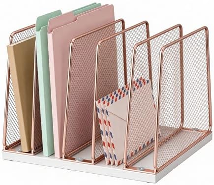 LEKETREE Rose Gold Desk File Organizer, 5-Section Upright File Sorter, Vertical File Folder Holder, Mesh Metal Wood Office Desktop Organization for Document, Magazine, Books and more (Rose Gold)