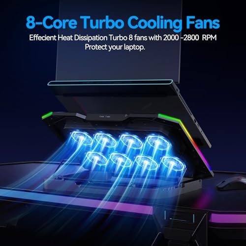 ICE COOREL Gaming Laptop Cooling Pad with 8 Cooling Fans, Laptop Fan Cooler Pad for 15-17.3 Inch, Notebook Cooler Stand with 6 Height Adjustable, RGB Cooling Pad with Two USB Port + Phone Stand