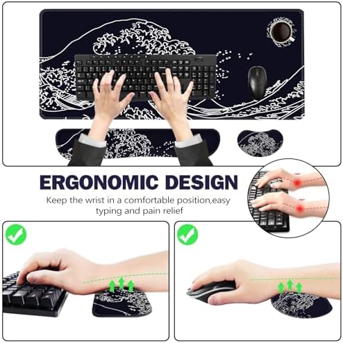 ToLuLu Extended Gaming Mouse Pad, Memory Foam Ergonomic Keyboard Mouse Wrist Rest Support Set, Large Desk Mat with Stitched Edges, Non-Slip Base Mousepad for Home Office Game, Black Wave of Kanagawa