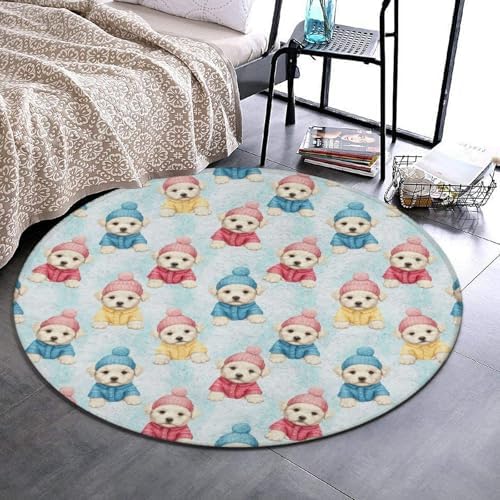 Large Machine Washable Circular Rugs, Home Decor Round Mat for Living Room Sofa Office Cute Animal Maltese, 24inch