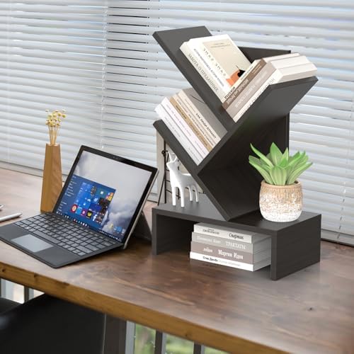 Godferyxin Small Bookshelf,4-Tier Bookshelf with Drawers,Black Bookshelf