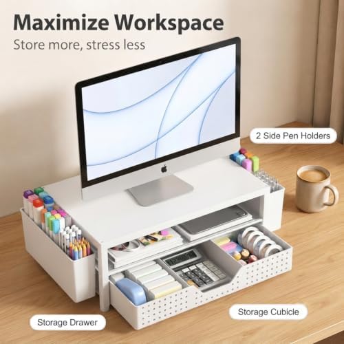 ECOLOVI Desk Organizer and Accessories, 2-Tier Computer Monitor Stand Rise with Storage Drawer & 2 Pen Holders, Laptop & Printer Stand for Desktop, Workspace Organizers for Office Supplies (White)