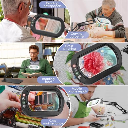 30X 12X Square Magnifying Glass with Light and Stand, Real Glass LED Lighted Magnifier, 5 Color Modes Stepless Dimmable, Hands-Free Mag Desk Lamp with Clamp for Reading Craft Hobby Close Work Black