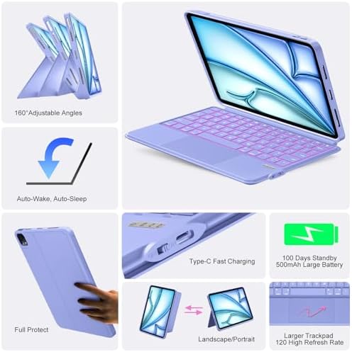 iPad Air 11 inch Case with Keyboard (M4/M3/M2, 2026/2025/2024), Pro 11, Air 5/4th, Wireless Detachable with Stand, Trackpad, Backlit, Slim Cover for iPad A16 11th 2025/10th 10.9" 2022 (Violet Purple)