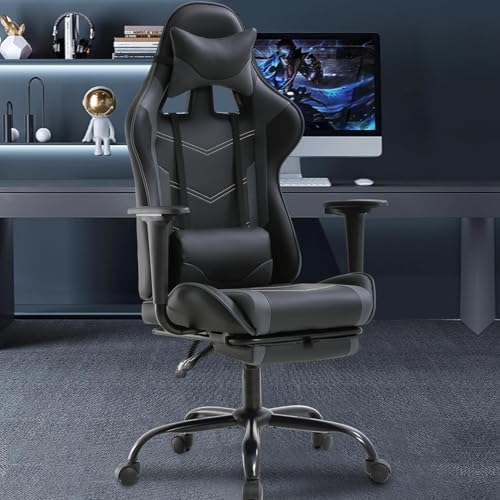 PC Gaming Chair with Footrest, Ergonomic Home Office Chair with Lumbar Support & Headrest Pillow, Grey