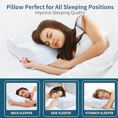 Memory Foam Pillows Neck Pillow for Pain Relief, Ergonomic Cervical Pillow Neck Shoulder Support Bed Pillow for Side Back Stomach Sleeper, Orthopedic Contour Pillow for Sleeping(Blue&White)