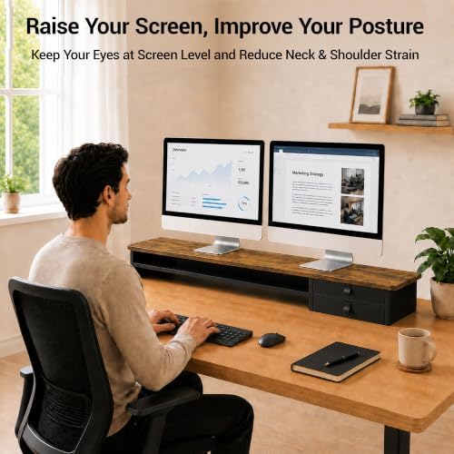 Dual Monitor Stand, 42.5 Inch Wood Monitor Riser with Drawers, 2 Tier Desktop Organizer for Computer Laptop TV, Large Screen Stand for Home Office Desk