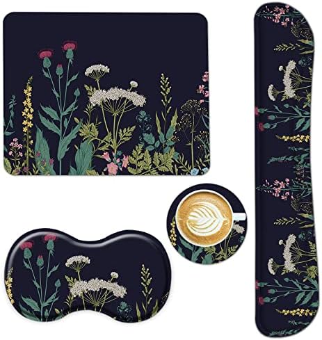 AIMSA Keyboard Wrist Rest Support + Mouse Pad + Mouse Wrist Rest + Coaster, Ergonomic Memory Foam Anti-Slip Rubber Base 4 PCS Set Easy Typing Pain Relief, Flowers Plants
