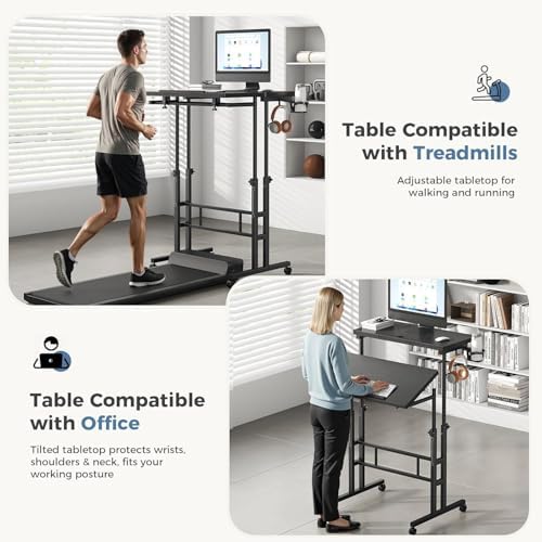 Simple Deluxe Split Top Rotating Standing Desk on Wheels – 23.6" Manual Adjustable Height Mobile Laptop Computer Table – Sit Stand Rolling Workstation with Tilt Function– Black