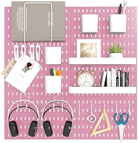 Peg Board Combination Kit, 4 Pegboards with 20 Accessories, Pegboard Wall Organizer for Office, Nursery & Home Storage, Key Holder, 25.6"x25.6" – Nail-Free Installation（Pink）