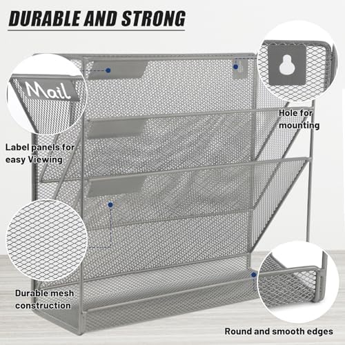 EASEPRES Desk File Organizer Mesh 4-Tier, Hanging Wall Mount Document Organization Stand, Desktop Vertical Mail Paper Folder Holder Rack with Bottom Tray for Office Home Cubicle Countertop, Gray