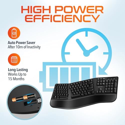 Delton Wireless Ergonomic Keyboard, 2.4G USB Dongle Full-Size Keyboard