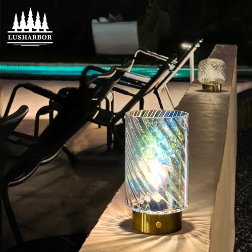 LUSHARBOR Battery Operated Table Lamp with Timer, Stepless Dimming Bedside Lamp Battery Powered Cordless Lamp for Home Decor Entryway/Living Room/Coffee Table/Shelf Transparent