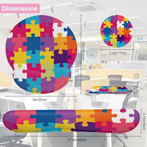 Autism Awareness Puzzle Colorful Keyboard Wrist Rest Pad and Mouse Pad Wrist Support Set,3-in-1 Ergonomic Mouse Pad with Non-Slip Rubber Base for Home Office Game Computers Desk,