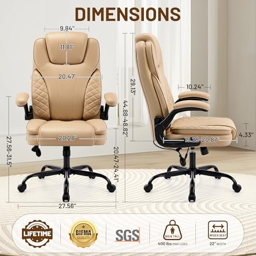Ergonomic Office Chair, PU Leather High Back Executive Chair with Adjustable Inflatable Lumbar Support and Padded Flip-Up Arms, Recline Swivel Task Computer Chair for Home Office, Khaki