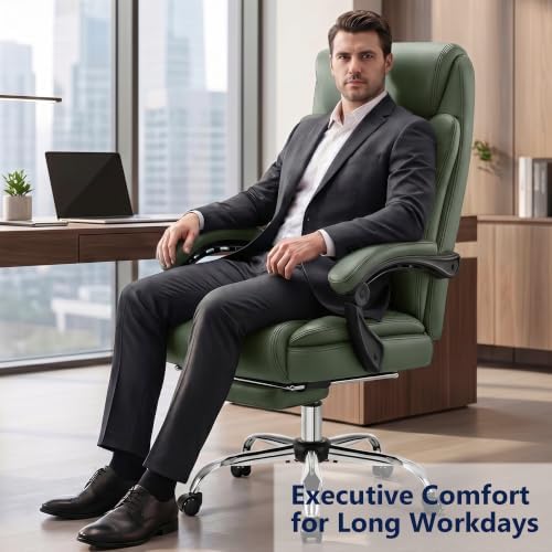 Ergonomic Executive Office Chair PU Leather High Back, 400lbs Heavy Duty Reclining Desk Chair with Footrest, Adjustable Lumbar Support, Padded Armrests, Wide Seat, Green