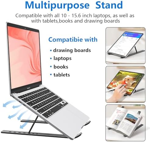 Laptop Stand for Desk, Aluminum Metal MacBook Stand，Computer Riser for Desk, Portable Foldable Adjustable Notebook Holder, Compatible with 10-15.6 Inch Laptops, iPad, Space Gray.