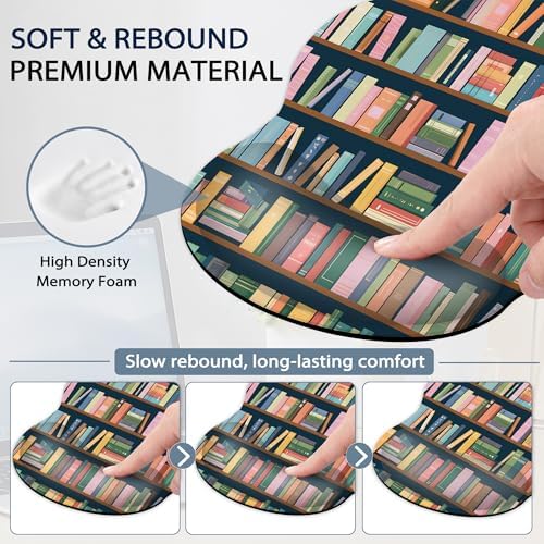 Bookshelf Ergonomic Keyboard and Mouse Wrist Rest Set, Library Book Mouse Pad with Non Slip Base, Soft Cloth Surface for Office and Home Typing Support