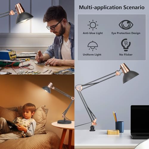 FIRVRE Metal Adjustable Desk Lamp with Clamp, Adjustable Architect Morden Table Lamp, 2-in-1 Design, Eye-Caring Reading Light, for Home & Office