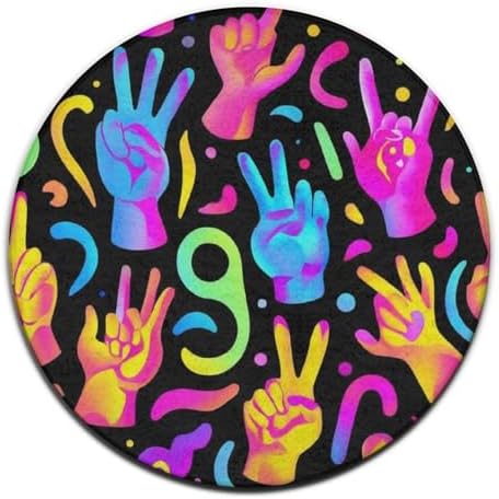 Large Home Decor Mat, Soft Round Yoga Carpet, Non Slip Machine Washable Kitchen Office Circle Rug Trippy Neon Hands