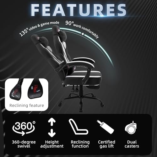 Shintenchi Big and Tall Gaming Chair Fabric Pocket Spring Cushion,High Back Recliner with Footrest and Headrest for Adults, Massage Lumbar Support for Home Office, Ergonomic Computer Desk Chair, Black