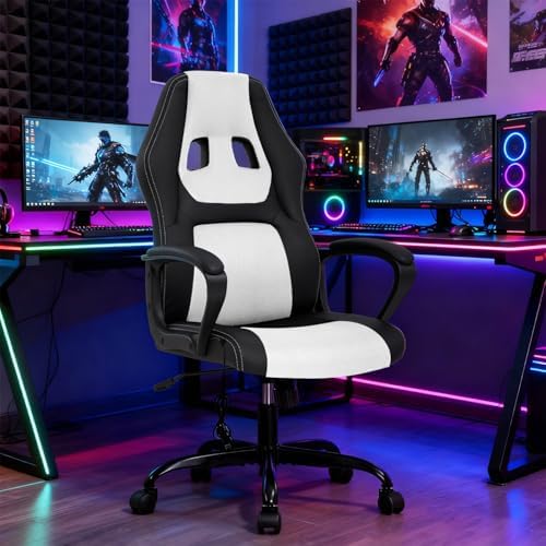 BestOffice Gaming Chair with Massage, Ergonomic Office Desk Chair, Adjustable Lumbar Support & Headrest,Computer Task Chair, 360° Swivel for Adults (White)