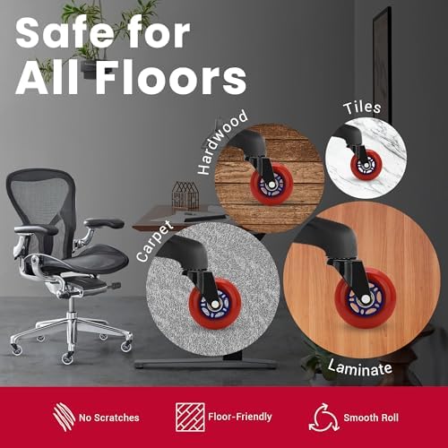 Roller Blade Office Chair Caster Wheels Gaming Chair 3 inch Replacement Rubber Chair Casters for Hardwood Floors & Carpet - Smooth & Quiet - Desk Chair Casters - Set of 5