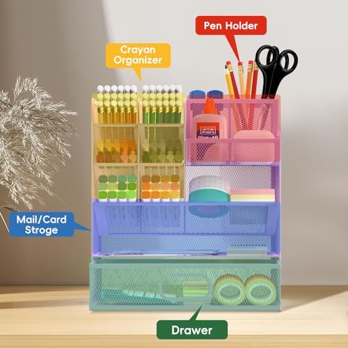 Mesh Pen Organizer for Desk, 13 Compartments with Drawer， Purple