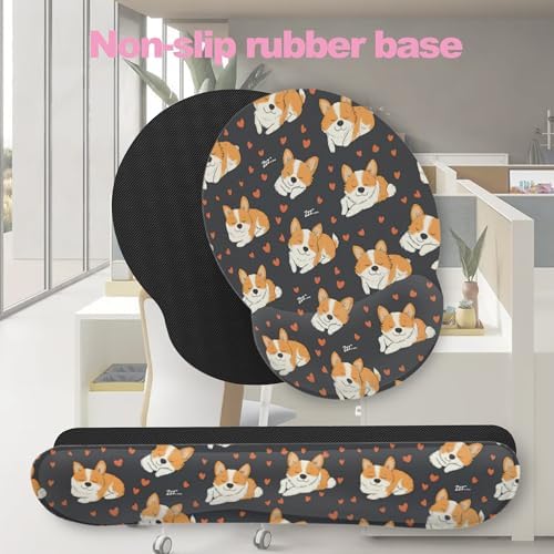 Cute Funny Corgi Dog Keyboard Wrist Rest Pad and Mouse Pad Wrist Support Set,3-in-1 Ergonomic Mouse Pad with Non-Slip Rubber Base for Home Office Game Computers Desk,
