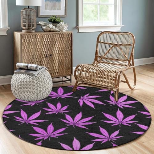 Fashion Round Area Rug Large Non Slip Carpet Unisex Home Decor Mat Purple Weed Leaves