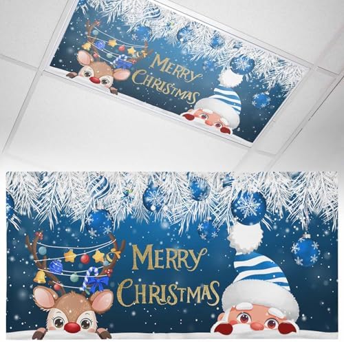 Santa Claus Magnetic Fluorescent Light Covers for Ceiling Lights 2 x 4 Feet,Christmas Elk Cartoon Pine Tree Leaves Blue Office Classroom Kitchen Drop Ceiling Light Covers Filters Shade Panel 1 Pack