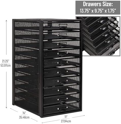Mind Reader 10-Drawer Desk Organizer for Office Supplies, Crafts, Mail Sorting & More, Metal Mesh, Black