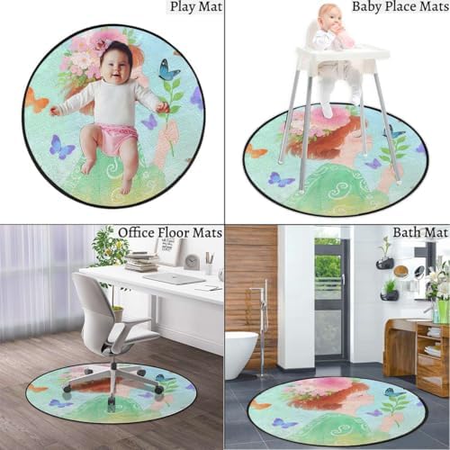 Girl in Flowers Round Carpet Chair Mat for Hardwood Floors, Anime Nature Harmony Multi-Purpose Office & Gaming Chair Protector, Soft Floor Mat for Living Room & Study, Diameter 39.4 in