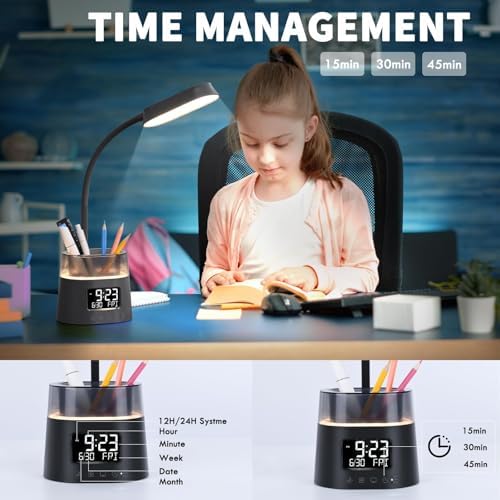 Led Desk Lamp with Pen Holder, Touch Lamps for Nightstand Eye-Caring Bedside Reading Light with Clock, Office Lamps Stepless Dimming, Lamp for Dorm Room, Suitable for Kid/Girl/Boy (Black)