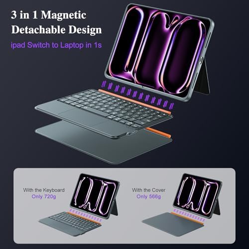 iPad Pro 13 inch Case with Keyboard (M5 2025, M4 2024), Flex Magnetic Detachable Backlit Keyboard Case, Larger Multi-Trackpad, Landscape/Portrait, 160° Adjustable Stand, Slim Protective Case (Gray)