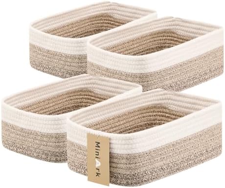 MiniArk Small Storage Baskets for Organizing | Closet Organizer Bins | Shelf Toy Basket | Woven Rope Baskets | Cube Decorative Box | Shallow Basket |11.5x7.5x4.7”| 4 Packs Gradient Brown