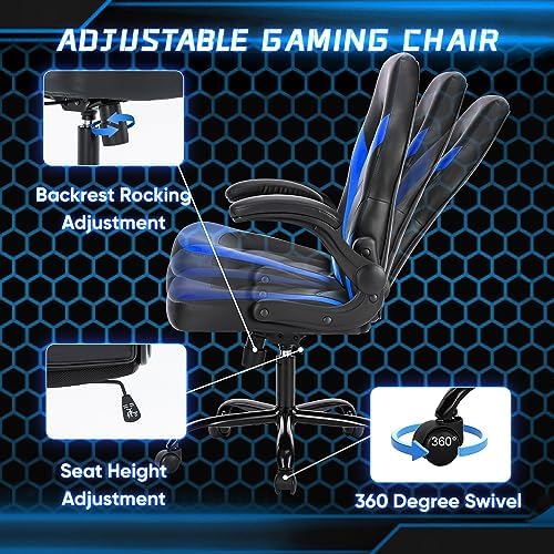 NEWBULIG Gaming Office Computer Chair – Ergonomic Mid-Back with Flip-Up Armrests, Adjustable Height, Lumbar Support & 360° Silent Swivel Wheels, PU Leather for Home/Office, Blue