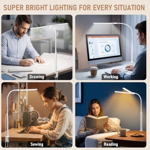Voncerus LED Desk Lamp for Home Office, Double Head Desk Light with Clamp
